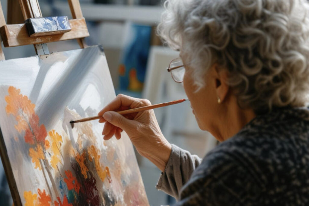 elderly woman painting, old age home, retirement home