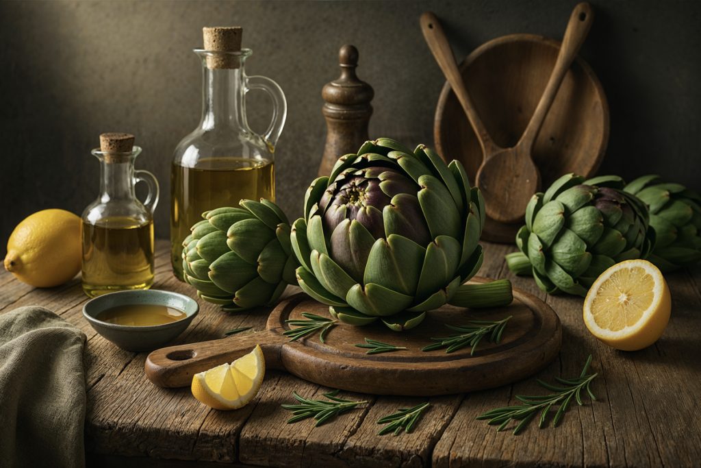 02 artichokes Artichokes on a rustic wooden table