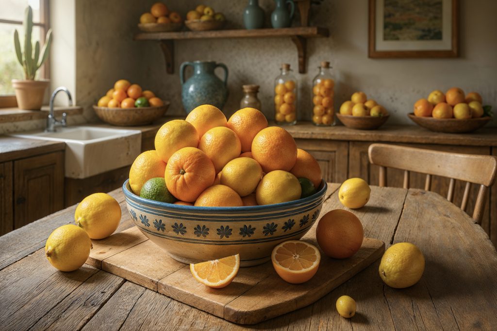 05 citrus A bowl of vibrant citrus fruits, including oranges, lemons, and mandarins.